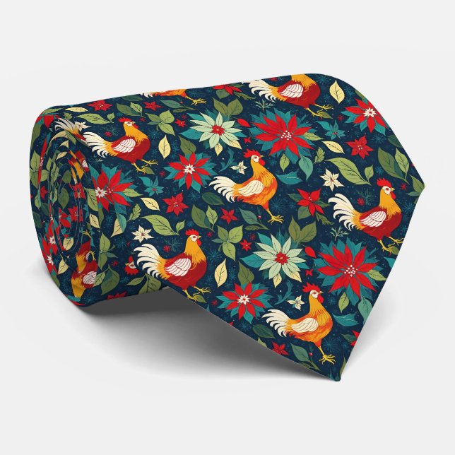 Corbata Christmas Farm Chickens And Poinsettias (Enrollado)