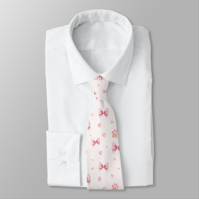 Corbata Cinta rosa, patrón de impresión de corazón y pasto (Atado)