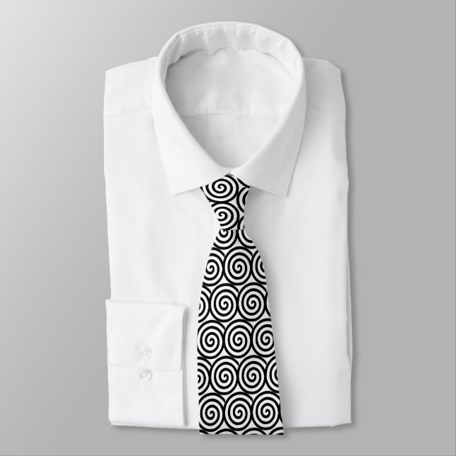 Corbata Círculos en espiral negros sobre blanco (Atado)