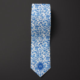 Corbata Clásica Azul Botánico Floral Monograma