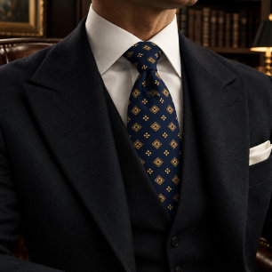 Corbata Clásica de Cuadrado de Oro Azul Marino con