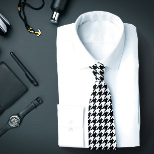 Corbata clásica de cuadros Houndstooth en blanco y