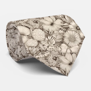 Corbata Clásica Floral Sepia Marfil Elegancia Botánica
