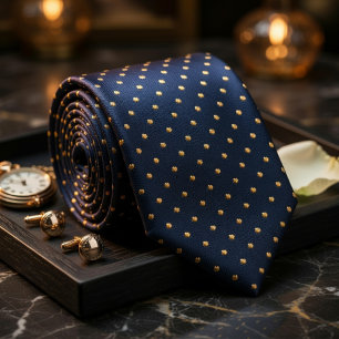 Corbata Clásico Azul Marino Lunares Dorado Elegante