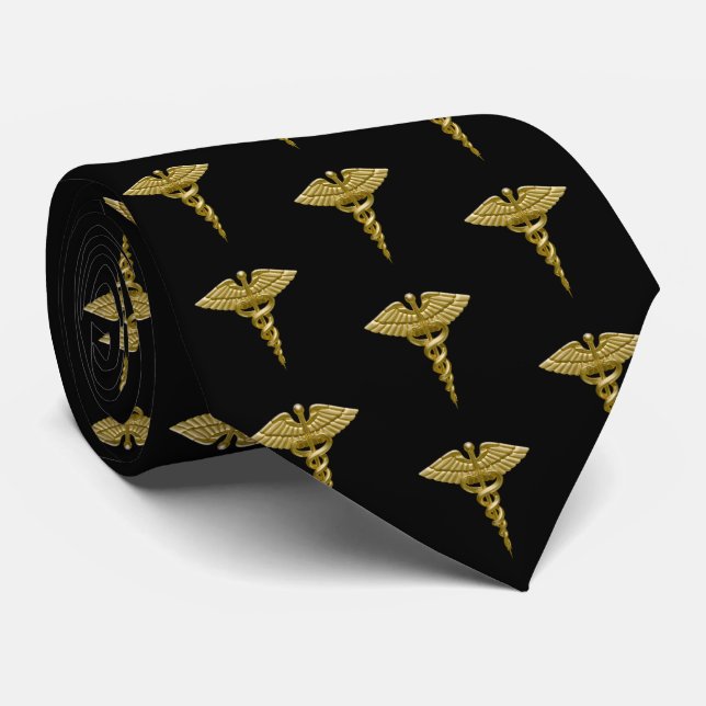 Corbata Clásico Caducto de Oro Médico en Patrón Negro (Enrollado)