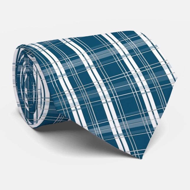 Corbata Clásico Cuadro Escocés de Tartán Azul y Blanco de  (Enrollado)