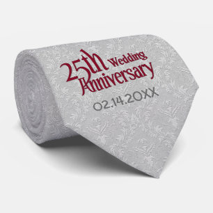 Corbata Clásico Damasco de Plata 25 Aniversario del Boda