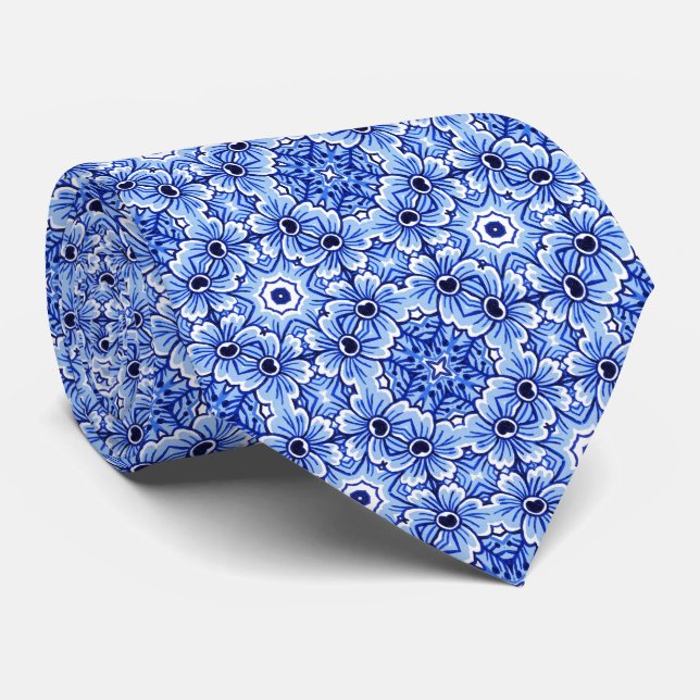 Corbata Clásico Estilo Holandés Delft Azul Patrón Floral A (Enrollado)