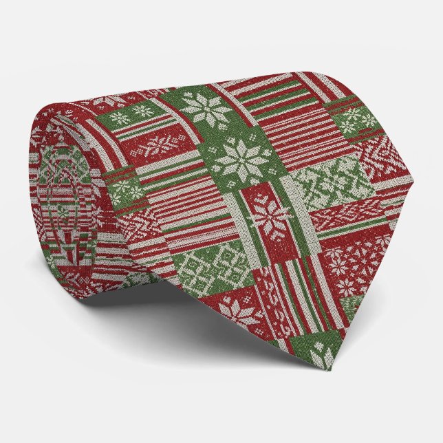 Corbata Clásico Patchwork de Punto de Navidad - Rojo, Verd (Enrollado)