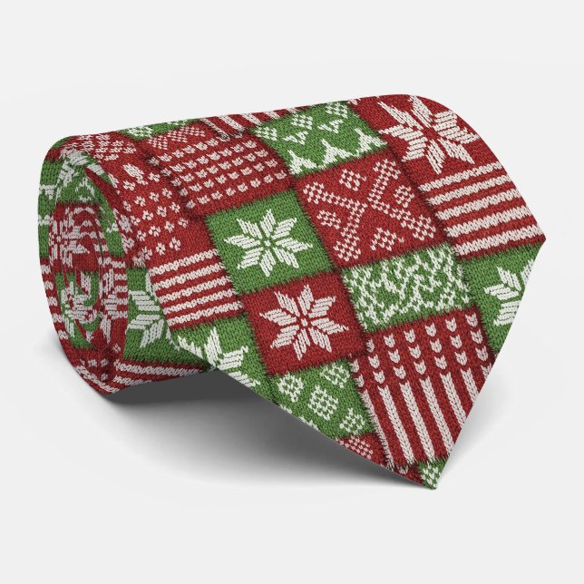 Corbata Clásico Patchwork de Punto de Navidad - Rojo, Verd (Enrollado)