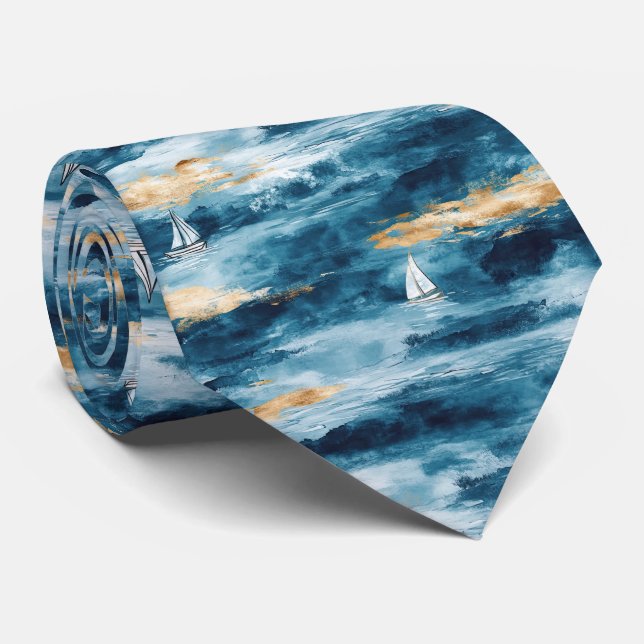 Corbata Coastal Sailboat Waves Nautical Pattern (4) (Enrollado)