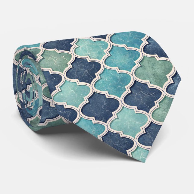 Corbata Cobaltio y Teal Cuatrefolla - Mosaico Mediterráneo (Enrollado)