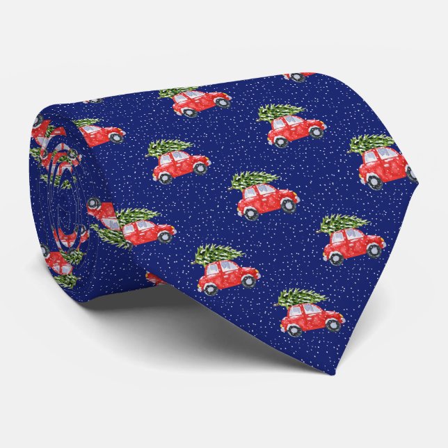 Corbata Coche Rojo Antiguo con Árbol de Navidad Azul de Fi (Enrollado)
