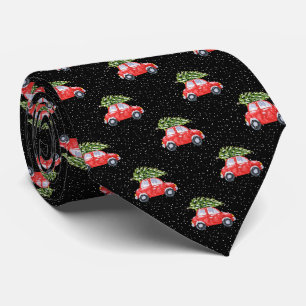 Corbata Coche Rojo Vintage Navidad Copo de Nieve Negro