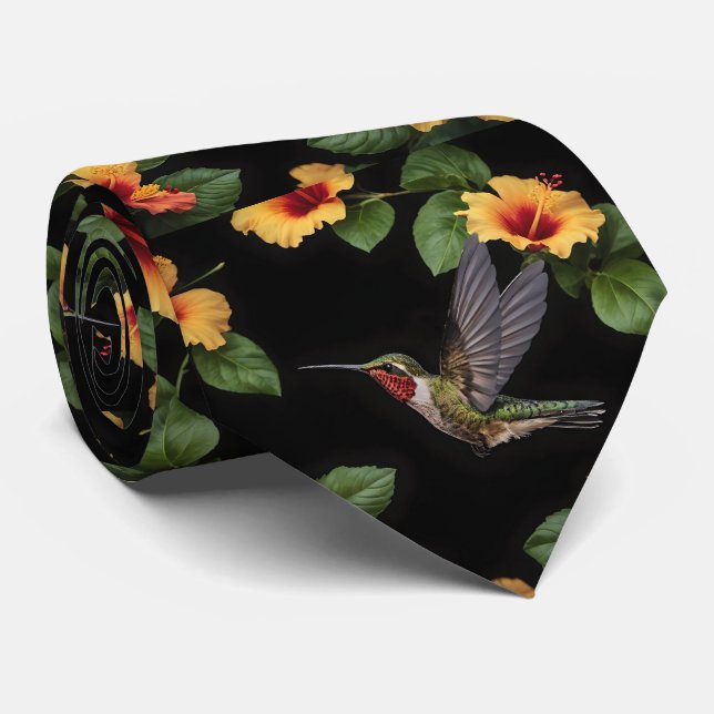 Corbata Colibrí Y Hibiscus Amarillo, (Enrollado)