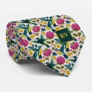 Corbata Colibríes con Flores de Frambuesa