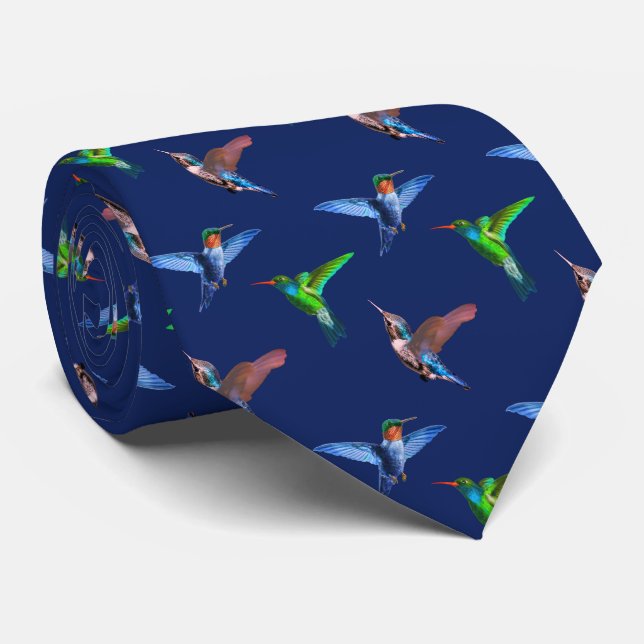 Corbata Colibríes Modernos sobre Azul Marino (Enrollado)