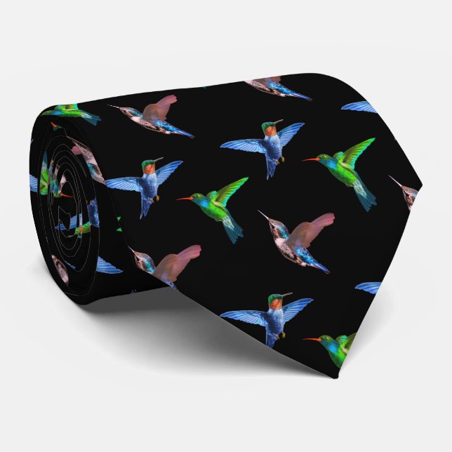 Corbata Colibríes Modernos sobre Negro (Enrollado)