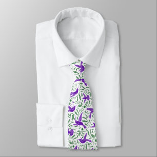 Corbata Colibríes morados con flores y hojas verdes