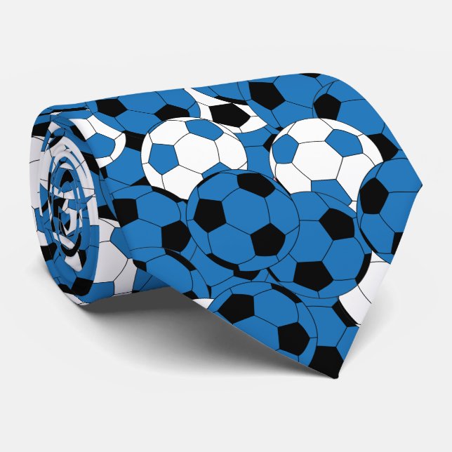Corbata Collage de bolas de fútbol azul - Impresión de dos (Enrollado)