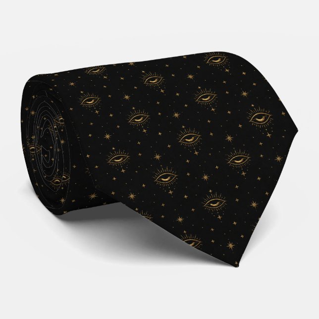 Corbata Collar Negro Místico Ojo Celestial de Oro de Lujo (Enrollado)