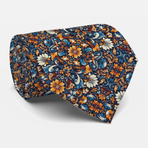 Corbata Color azul intenso, Naranja y patrón giratorio flo