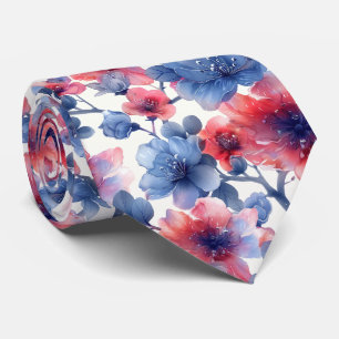 Corbata Color de agua rojo, flores azules en blanco