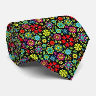 Corbata Colores Neón Sobre Patrón Floral Retro Sin Costura