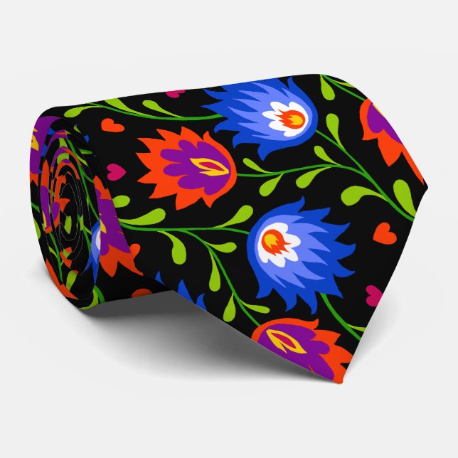 Corbata Colorido Estilo Mexicano Patrón Floral Elegante Ne (Enrollado)