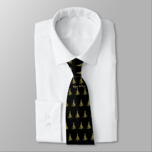 Corbata con Árboles de Navidad Dorados sobre Negro