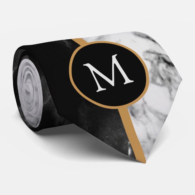 Corbata con Cuello de Monograma Negro Blanco Mármo (Enrollado)