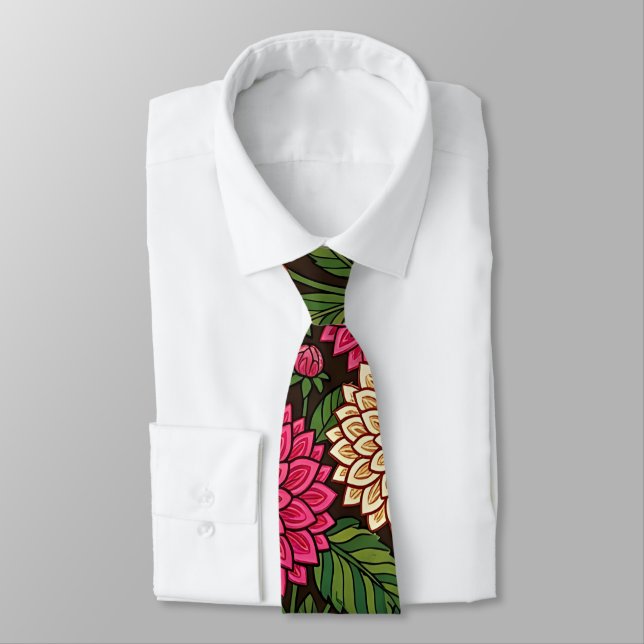 Corbata con dalias y mariposas indias abstractas (Atado)