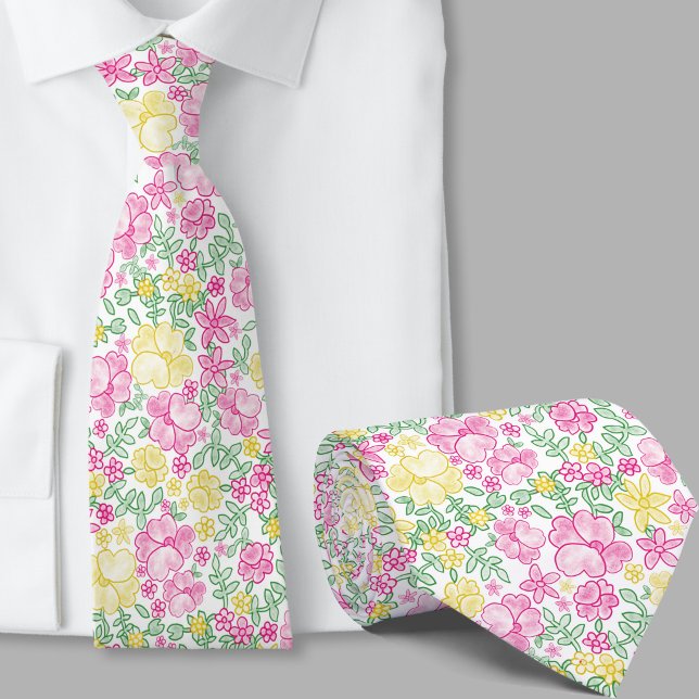 Corbata con Estilo Patrón Floral Rosa y Amarillo (Subido por el creador)