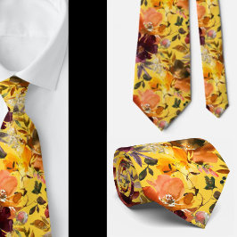 Corbata con flores de colores de otoño, rosas amar