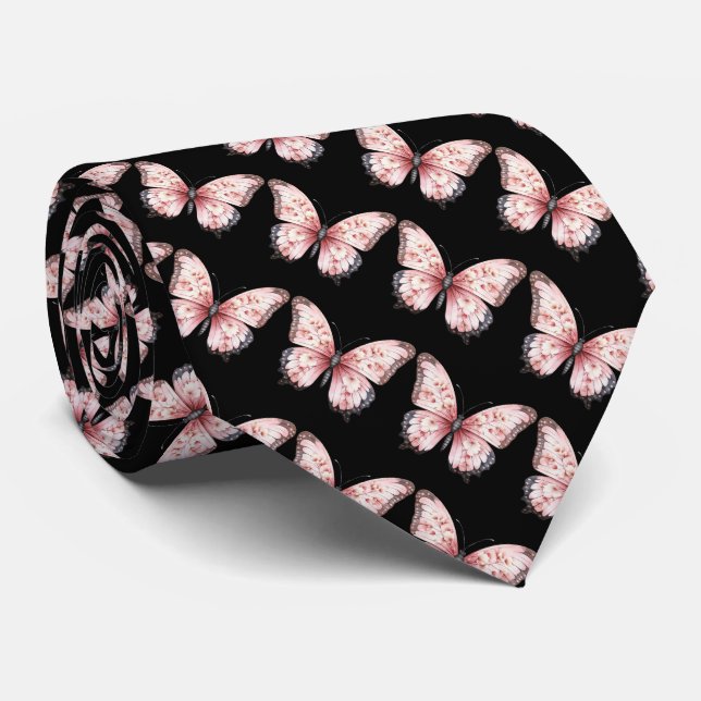 Corbata con Mariposas Negras y Rosa Claro (Enrollado)