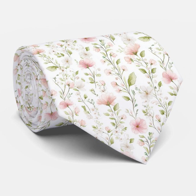 Corbata con patrón de flores blancas rosadas delic (Enrollado)