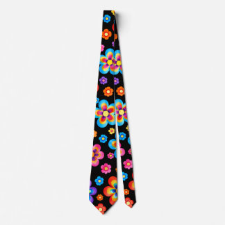 Corbata con patrón de flores de arcoíris negro ret
