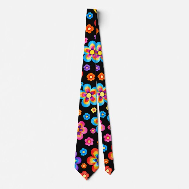 Corbata con patrón de flores de arcoíris negro ret (Anverso)