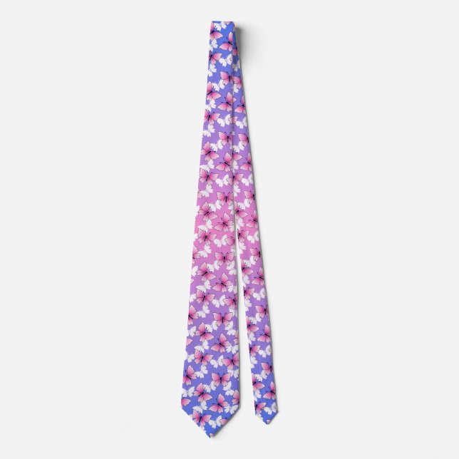Corbata con patrón de mariposa rosa y blanca (Anverso)