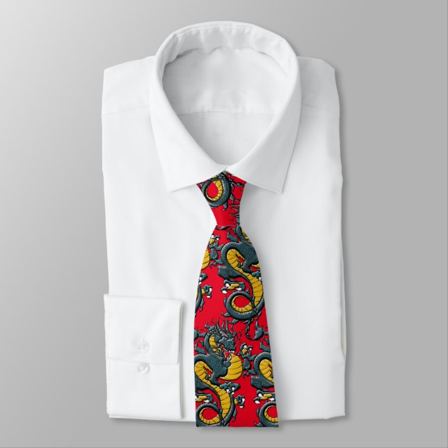 Corbata con patrón tradicional de dragón chino roj (Atado)