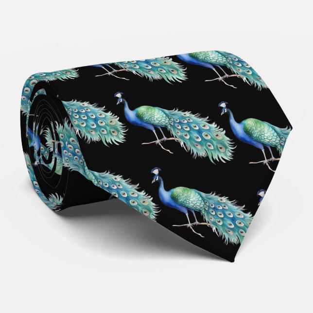 Corbata con pavo real sobre fondo negro (Enrollado)