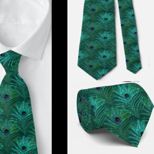 Corbata con plumas de pavo real brillo azul verdos