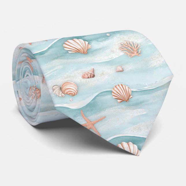 Corbata Conchas Costeras Aqua y Estrella de Mar Brillante  (Enrollado)