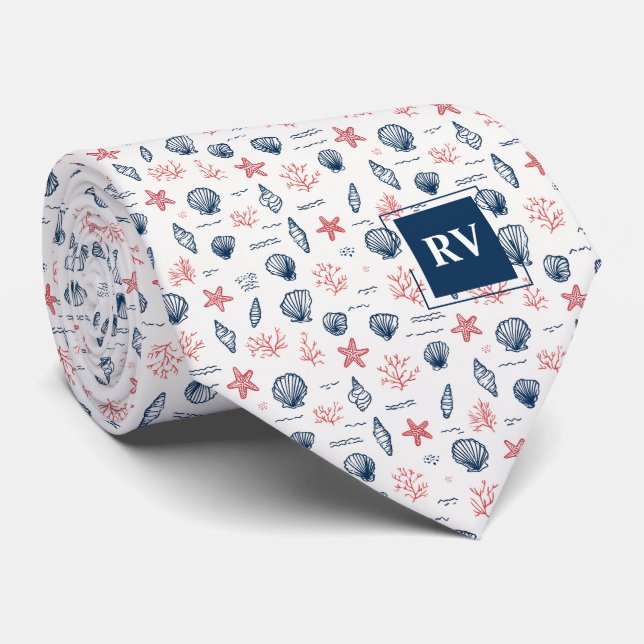 Corbata Conchas y estrellas de mar monogramadas (Enrollado)