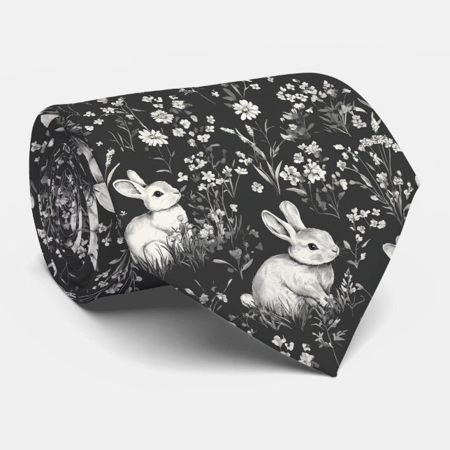 Corbata Conejo de Bosque Negro Patrón Botánico (Enrollado)