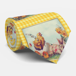 Corbata Conejo de Pascua Vintage y Pollito en Cuadros de B