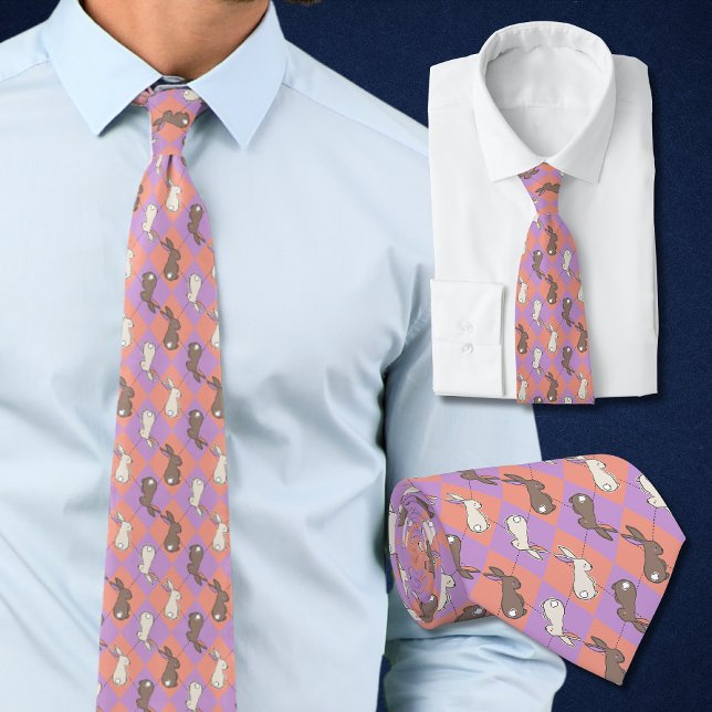Corbata Conejo de primavera rosa y púrpura argyle pastel (Easter tie with rabbits is perfect for spring in pastel argyle of pink and purple. )