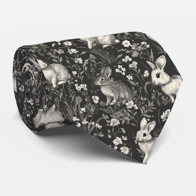 Corbata Conejo Francés Toile en Patrón Floral Negro (Enrollado)