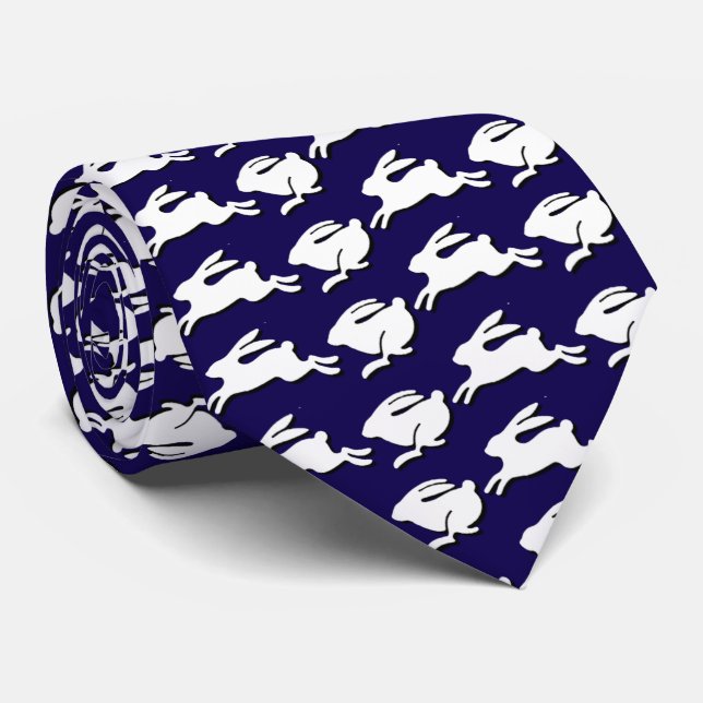 Corbata Conejos Blancos Saltando Moda de Pascua Azul Oscur (Enrollado)