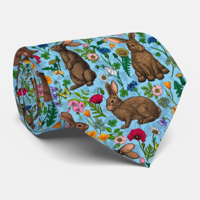 Corbata Conejos y flores silvestres (Enrollado)